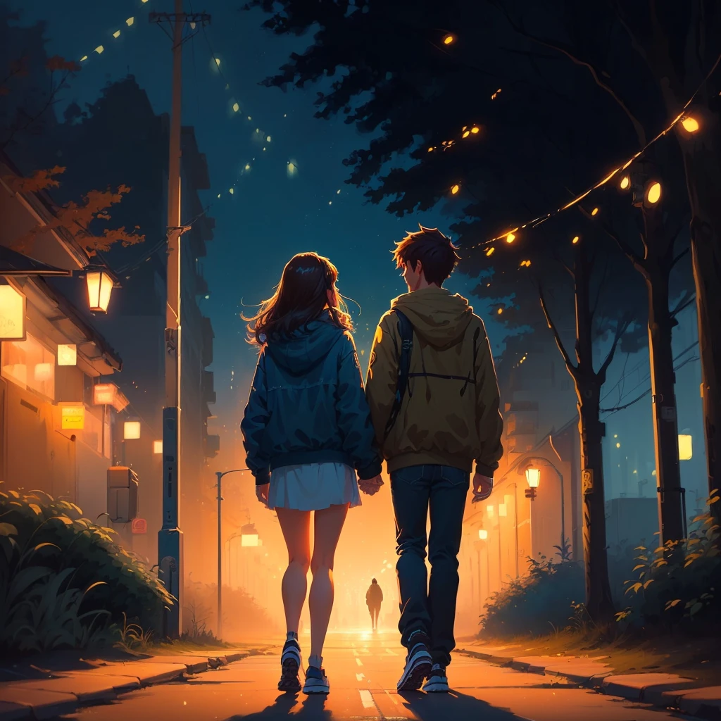 two people walking down a street at night with the lights on, background illustrations, makoto shinkai cyril rolando, Walking together, Cyril Rolando and Goro Fujita, inspired by Cyril Rolando, In the style of Cyril Rolando, Lofi Style, Lofi Stylestyle, in the style of atey ghailan, by Cyril Rolando, by Alena Aenami