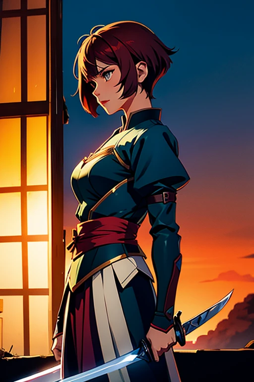 beautiful short-haired swordsman woman, sunset