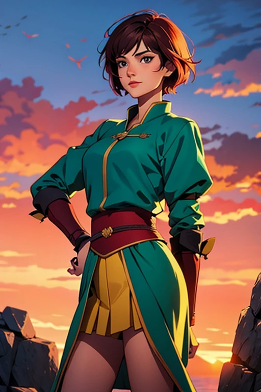 beautiful short-haired swordsman woman, sunset