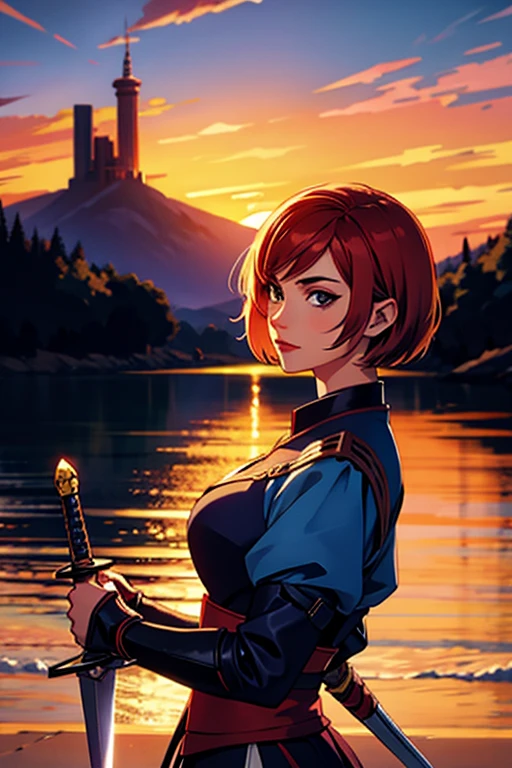 beautiful short-haired swordsman woman, sunset