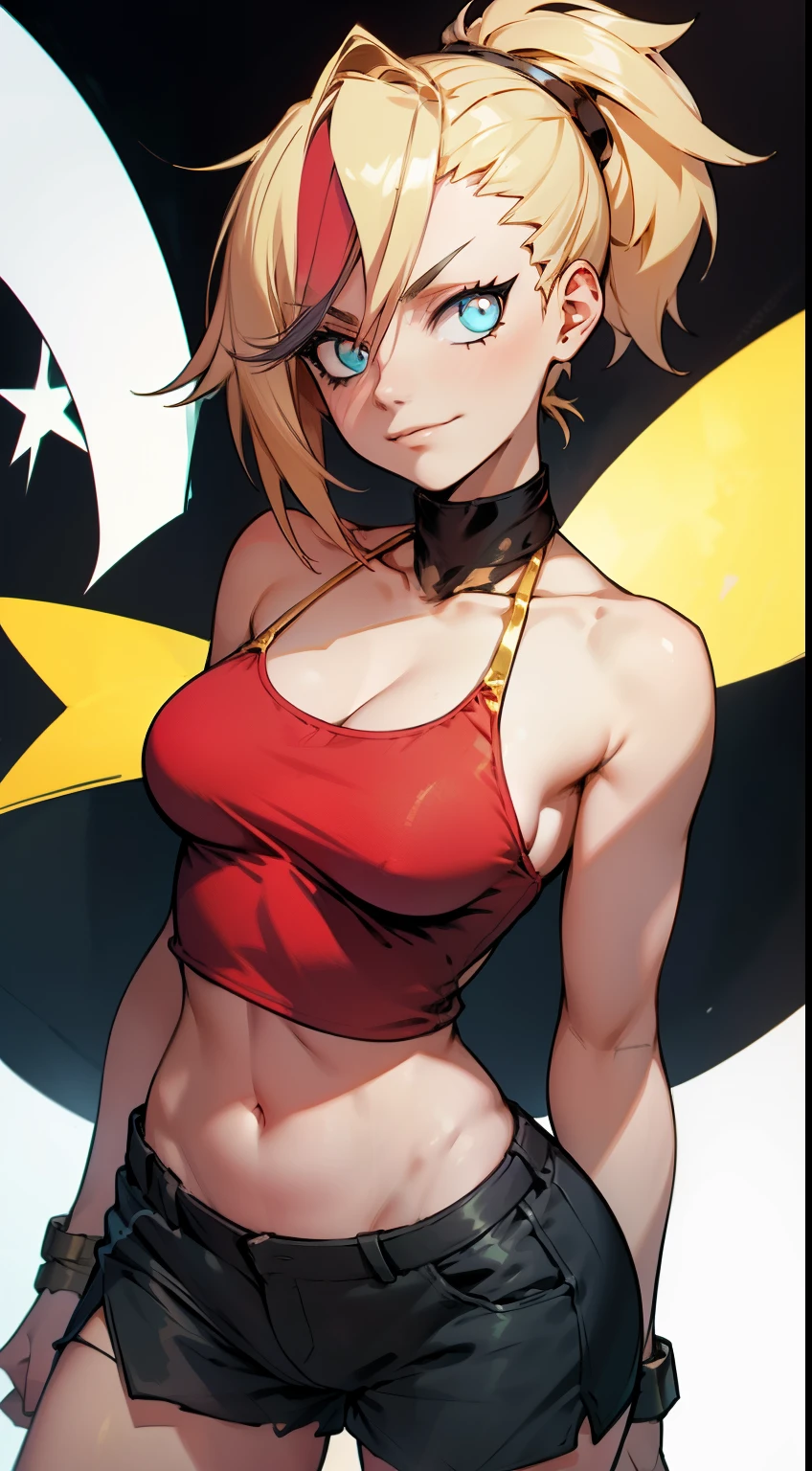 young girl, longue blonde hair, Hairpin with a bundle, turquoise eyes, red tight uniform, Sleeveless, Wide neckline on the chest to the abdomen, Gold Elements, Shorts, smirk, Masterpiece, hiquality, 4k, HD, Good details fullbody view 