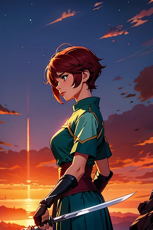 beautiful short-haired swordsman woman, sunset