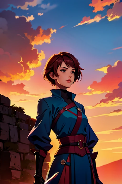 beautiful short-haired swordsman woman, sunset