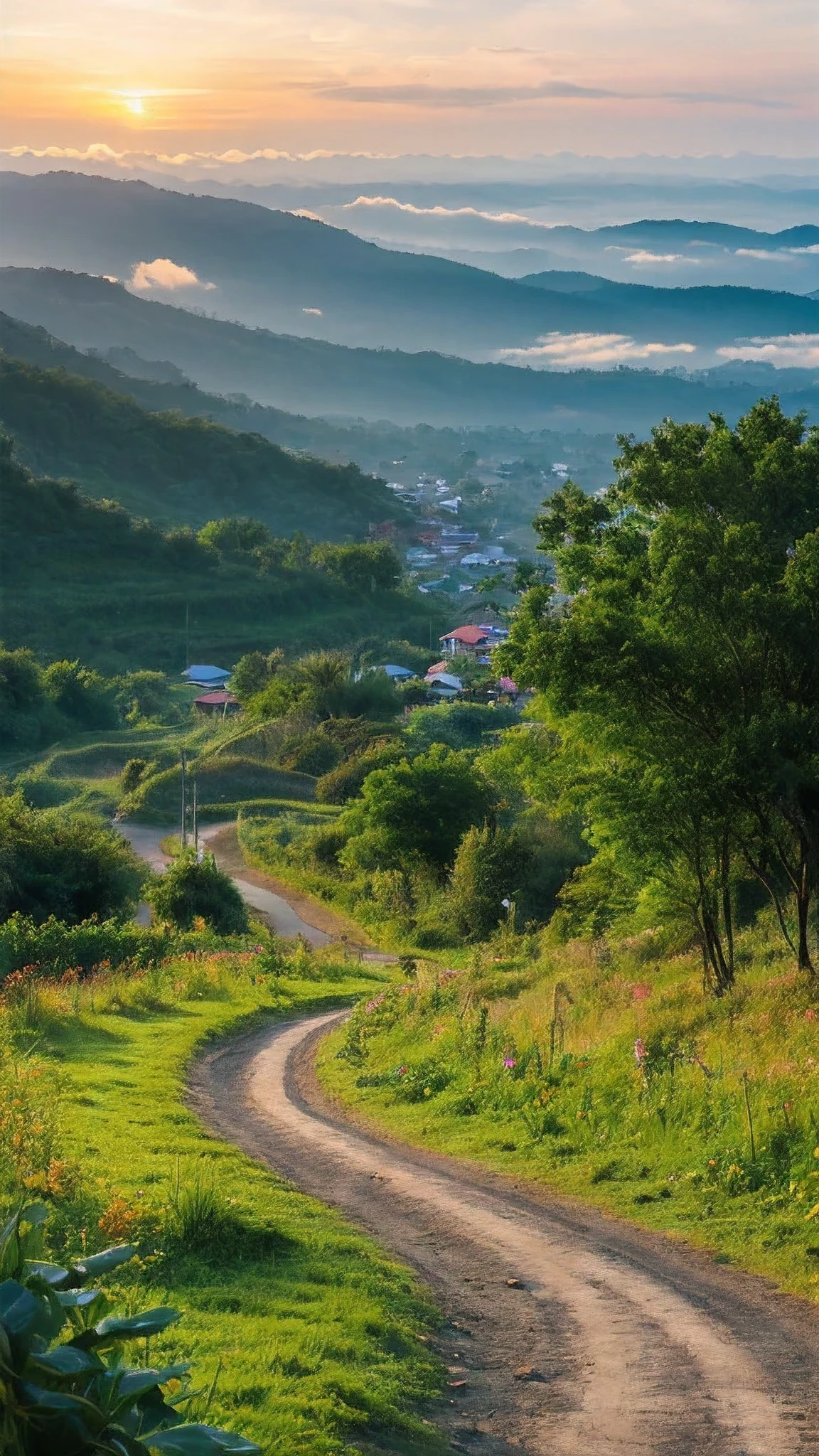 Dirt Road, A lot of clouds, Fog, morning sunrise light, countryside mountains, Thailand