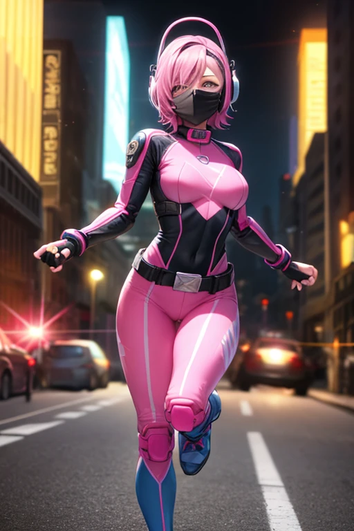 ((best quality)), ((masterpiece)), (detailed), 1 girl, full body, 20s, young adult, masked, black mask covering her entire head, smooth head, biker helmet, biker helmet with blue headphones on the sides, flashlight on her forehead, short pink hair coming out of her helmet, face, black collar, tall, slim, athletic, circles on her wrists, pink details, black fingerless gloves, pink wristbands, nanotech speedster suit that resembles light armor, blue chest with an emblem, blue chest, black suit with pink lines, pink speed emblem on her chest, pink emblem, blue pants, gray knee pads, metallic pink boots, white superhero belt, running through the city, pink light trail, laser, city background, anime