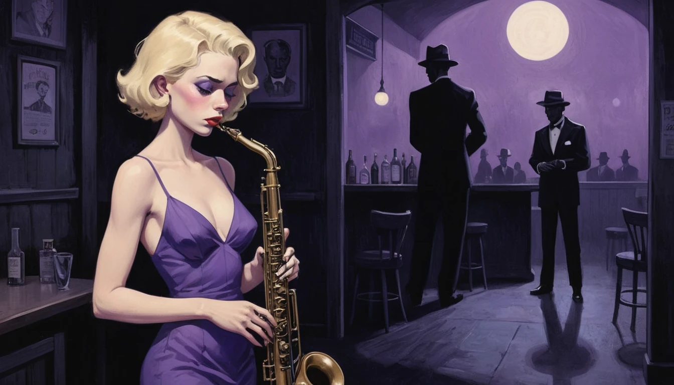 robert johnson, gritty, alabama bar, blue note, charismatic , purple dress, illustration, noir fantasy, lone blonde lady, sad ending, saxophonist