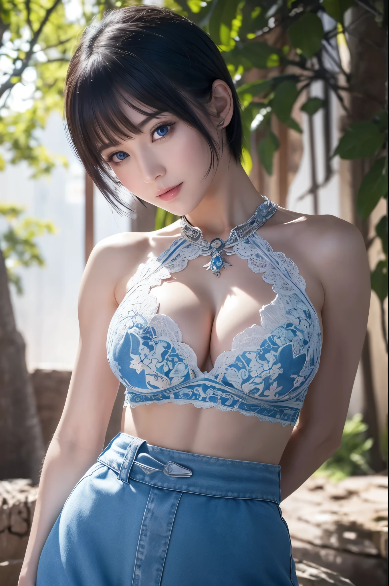 8k,非常に大きな胸と非常に大きな胸を持つアラフィフのwoman, Very detailed, so beautiful(Like the real thing),Shining Eyes,Pale skin(Ultra-Realistic Skin),smile,Muscular and macho、そしてスレンダーボディの悪魔のようなwoman,Short blue mohawk(Blue Shorthair),woman&#39;My abdominal muscles are severely torn,Fan Art Best Art Station, うわー and Types of bacteria,  Types of bacteria, 2. 5d cgi anime Fantasy artwork, High quality and detailed art, Up to the model ,Photorealistic RAW photos of the highest quality。so beautiful(Like the real thing顔) Bright colors、完璧なwomanのイメージ,Art Station Trends、masterpiece、Fantasy art、Ultra-high resolution,,Mr..々Pause,charm,sexy,Rich colors, Backlight, Cinema Lighting, Film Grain, to be born, 50mm lens, Nikon D850,compensate,Blue and white Arabian breastplate(Detailed Coat of Arms),In front of the ruins in the forest,View your viewers,Numerous tattoos all over the body(Accurate tattoo details),,Lean and muscular lower body,Blue and white sarouel pants,Big eyes,Muscular Beauty,Bodybuilding,