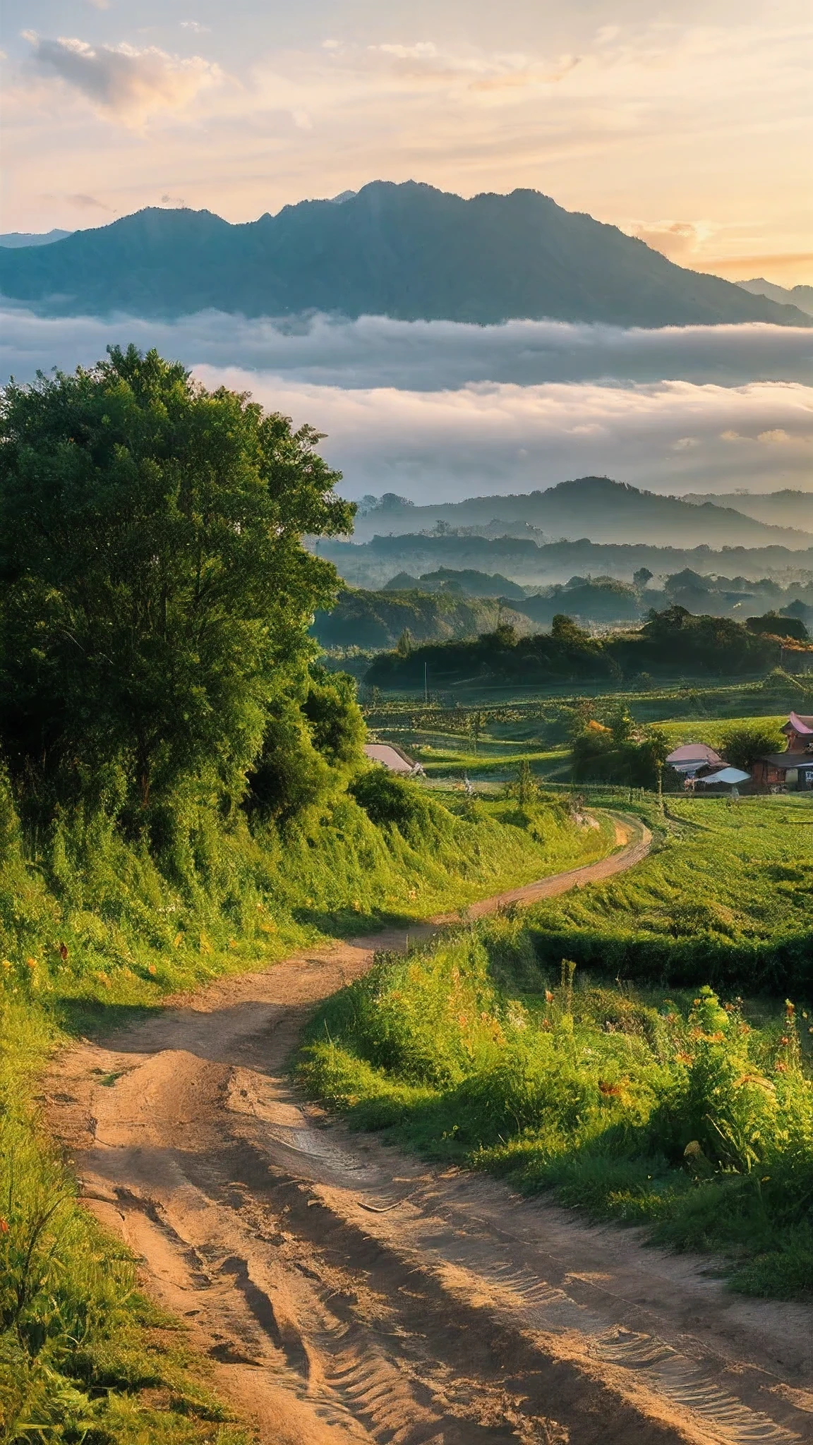 Dirt Road, A lot of clouds, Fog, morning sunrise light, countryside mountains, Thailand