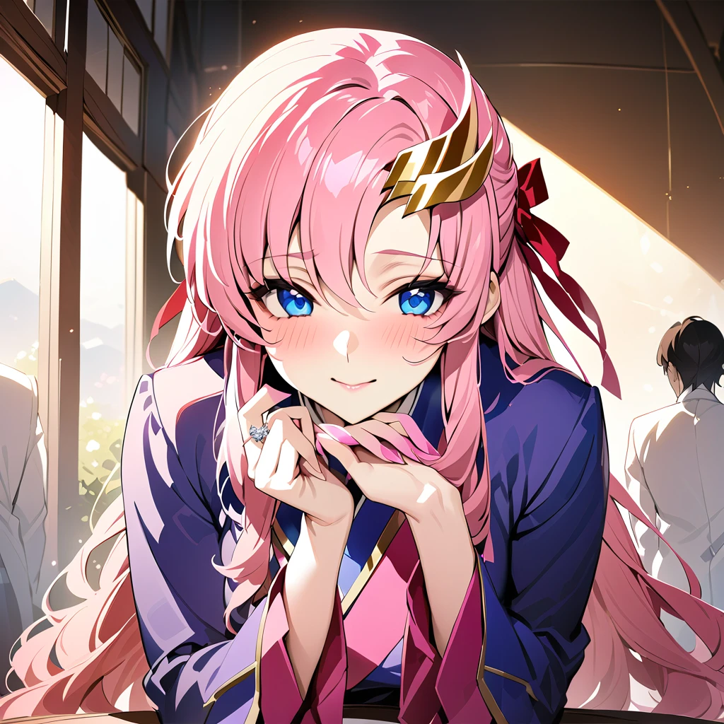 ((Highest quality)), ((masterpiece)), (detailed), (Perfect Face)、The woman is Lacus Clyne, with blue eyes, medium-long pink hair, a hair accessory, and an engagement ring.、The woman is a devout follower of a mysterious religious organization and serves its guru.