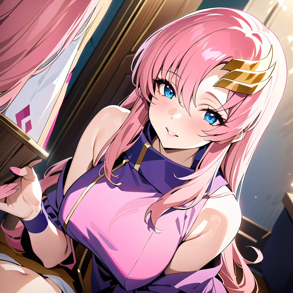 ((Highest quality)), ((masterpiece)), (detailed), (Perfect Face)、The woman is Lacus Clyne, with blue eyes, medium-long pink hair, a hair accessory, and an engagement ring.、The woman is a devout follower of a mysterious religious organization and serves its guru.