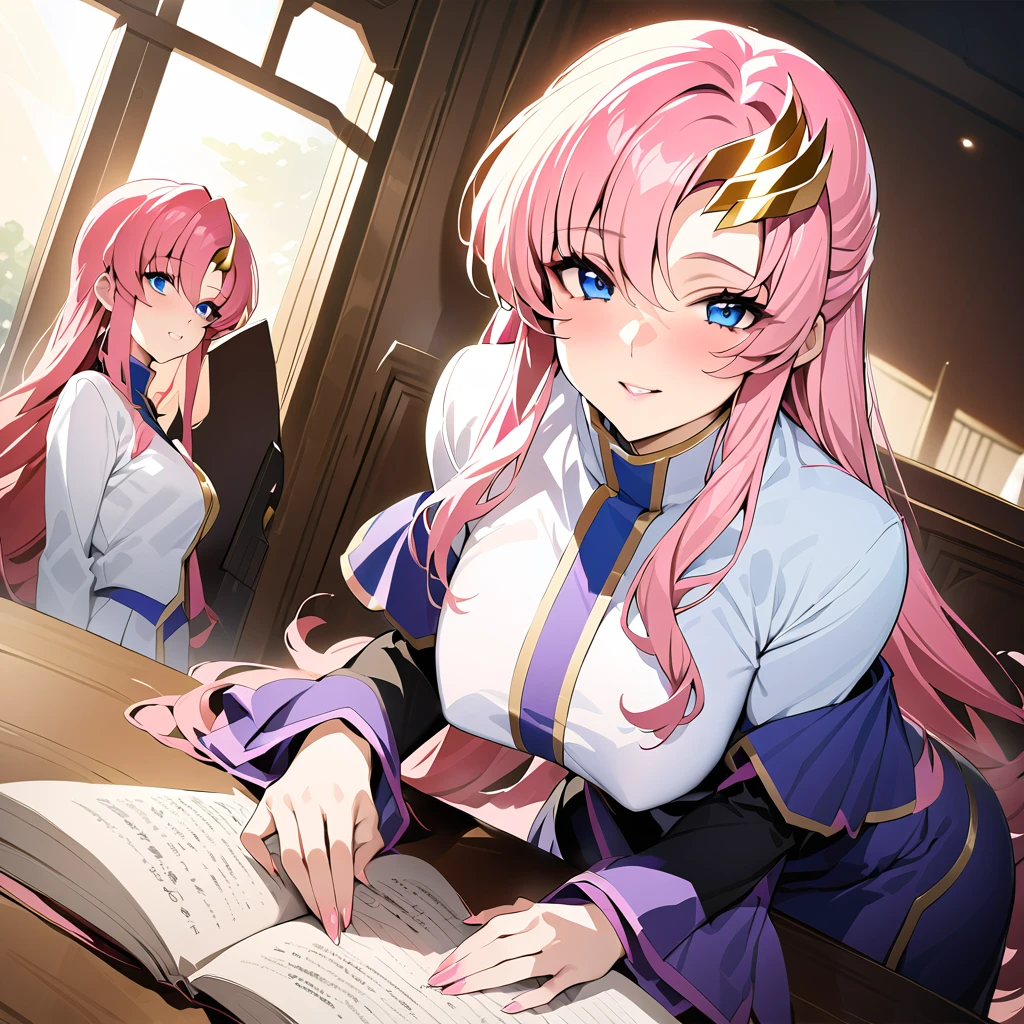 ((Highest quality)), ((masterpiece)), (detailed), (Perfect Face)、The woman is Lacus Clyne, with blue eyes, medium-long pink hair, a hair accessory, and an engagement ring.、The woman is a devout follower of a mysterious religious organization and serves its guru.