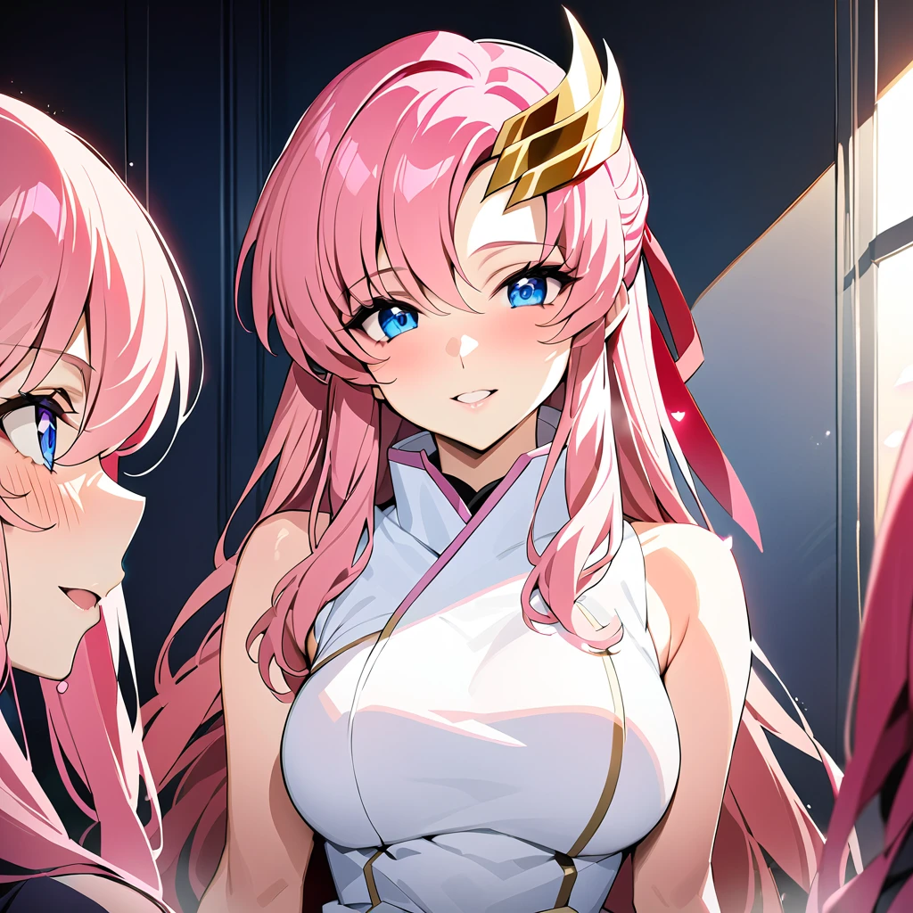 ((Highest quality)), ((masterpiece)), (detailed), (Perfect Face)、The woman is Lacus Clyne, with blue eyes, medium-long pink hair, a hair accessory, and an engagement ring.、The woman is a devout follower of a mysterious religious organization and serves its guru.