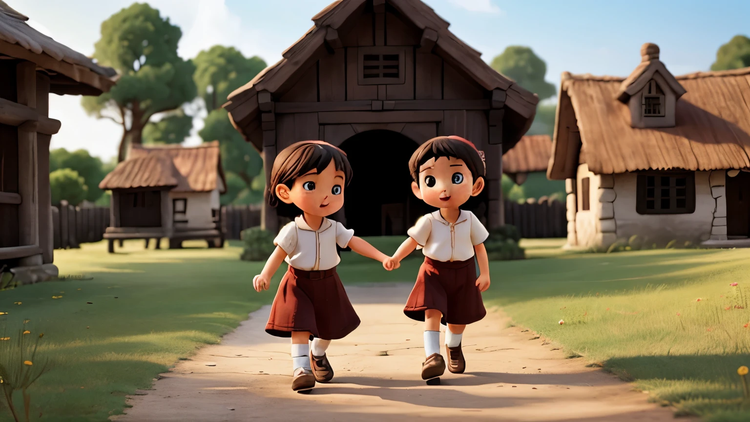 two children playing in near old village