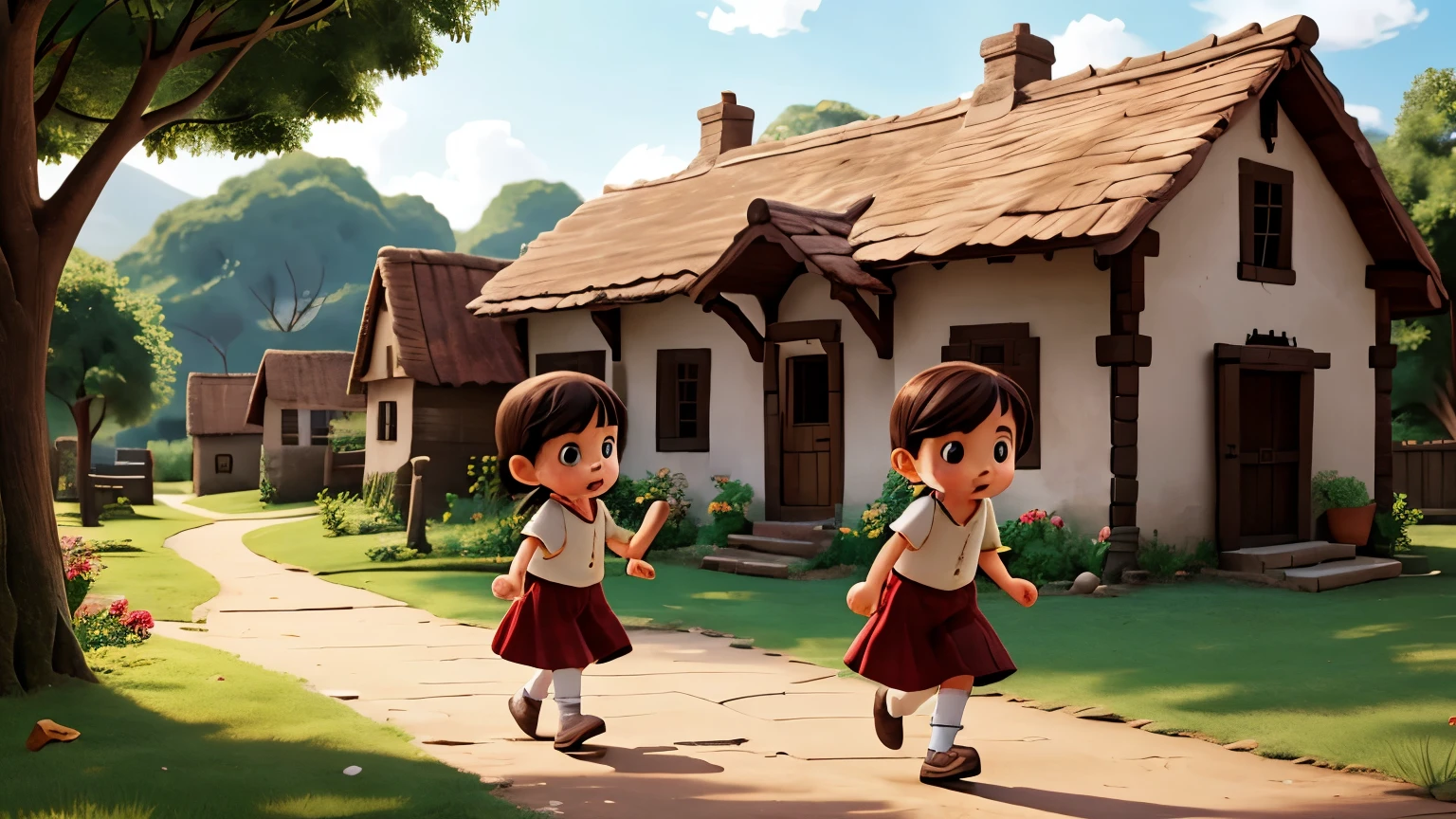 two children playing in near old village