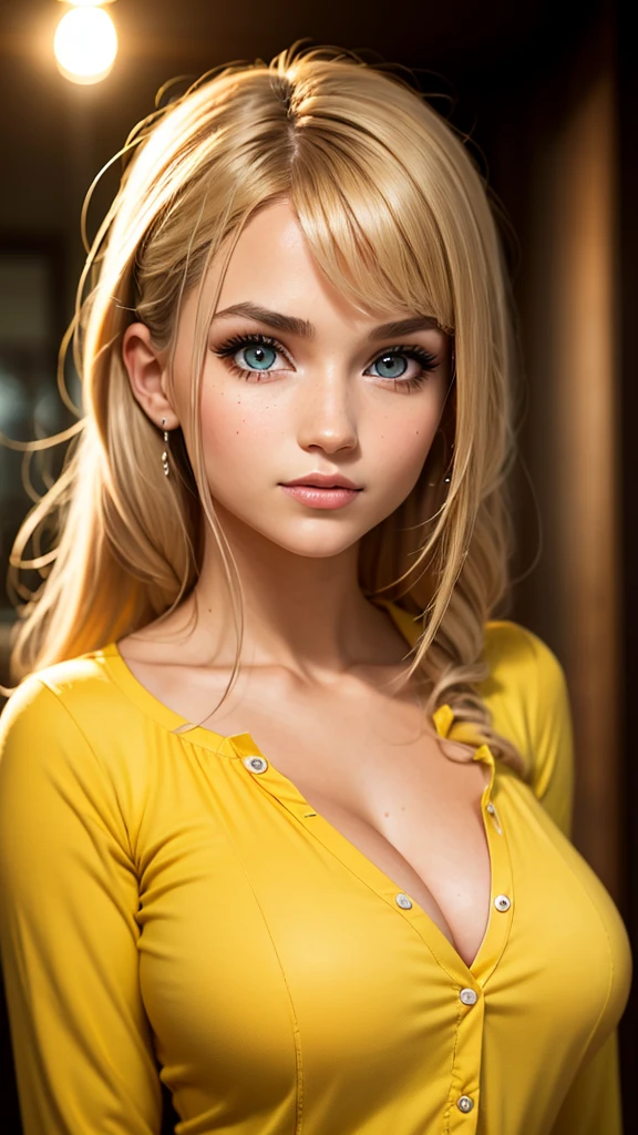 (best quality, 4k, highres, highres face details), Irish girl rs old, 1girl, solo, strawberry blonde hair, back length hair, parted bangs, grey eyes, constricted pupils, slim build, (textured skin, skin pores:1.1), large breasts, pale skin, colorful makeup, perfect nose, thin lips, fake lashes, pretty face, cute face, wearing a yellow flannel shirt, cinematic lighting, Ultra-Wide Angle, Canon, Hyperrealism, UHD, masterpiece, textured skin, realistic water texture, high details, best quality, detailed eyes, detailed iris, whole body photo, posing for the camera