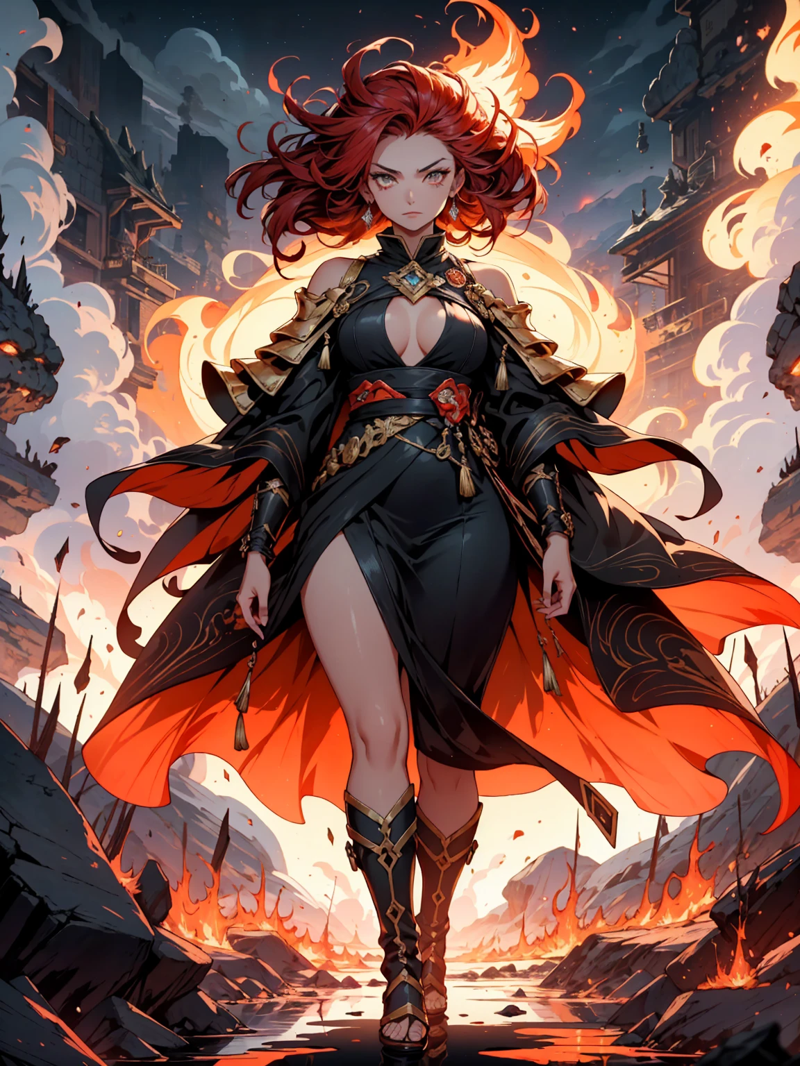 ((full body shot)) of a girl in regal, fire-themed armor with intricate gold and red details, standing in a blazing, volcanic landscape. She has long, flowing fiery red hair and intense, glowing amber eyes. Her skin has a warm, sun-kissed hue, and she is adorned with molten lava-like patterns. She holds a majestic sword engulfed in roaring flames, casting a bright, fiery light. The atmosphere is {intense|majestic}, with lava flows and embers illuminating the scene. The ground beneath her is cracked, molten earth, reflecting the intense light and adding to the fiery ambiance. Surrounding her are jagged rocks and bursts of flame in shades of {red|orange}, casting a fierce, incandescent glow. The background features towering volcanic peaks and a sky filled with ash and smoke, hinting at a powerful, fiery kingdom. The scene is dynamic and awe-inspiring, with her face showing a determined yet regal expression, her eyes focused intently on her blazing domain.

[Best quality], [Masterpiece], [Ultra-detailed], [4k], {intense|majestic} atmosphere, fiery kingdom, {dynamic pose|regal pose}, blazing illumination, {soft shadows|dramatic lighting}, {reflected light on molten earth:0.7}, {jagged rocks:0.6}, {bursts of flame:0.5}, {volcanic peaks:0.4}, {ash-filled sky:0.3}.