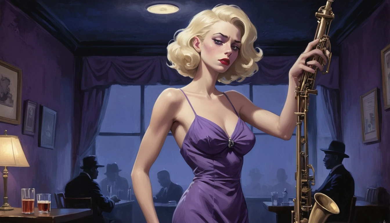 robert johnson, gritty, alabama bar, blue note, charismatic , purple dress, illustration, noir fantasy, lone blonde lady, sad ending, saxophonist