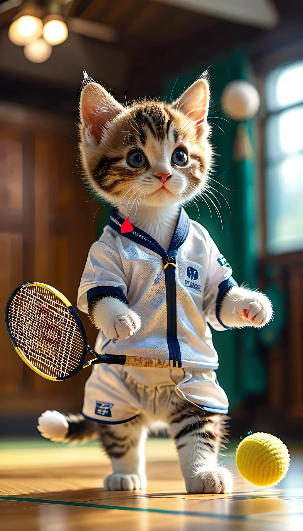 ((8k)), highest quality, 超High resolution, (High resolution), A kitten is wearing badminton wear, Playing badminton, Indoor gymnasium, Loud cheers from the audience