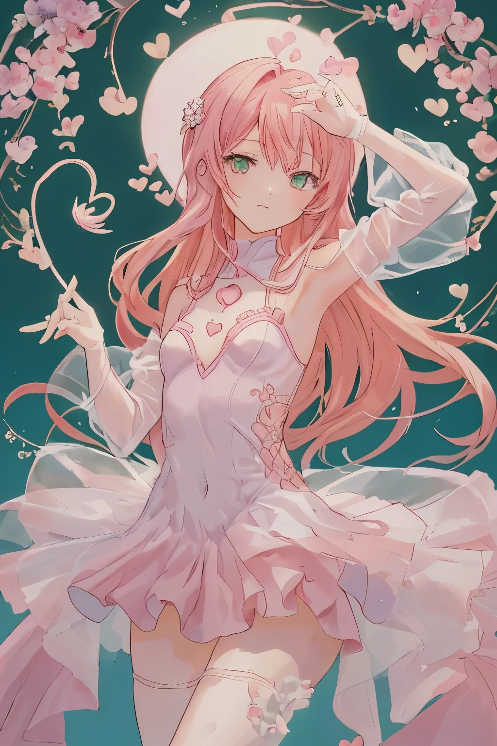 1_girl, (anime, kawai:2), (masterpeice, best_quality, simple, cute, dreamy, vibrant, clean:1.8), (cute, cute_smile, young:1.6), (delicate, beautiful, thin:1.5), (girlfriend, angel:1.8), (green_eyes, simple_eyes:2) (long_hair, blond_hair, wearing_pink_dress, pink_angel_wings, gloves:1.8), extremely_delicate, (love_magic:1.5), (age_size_fits_body), (small_thighs, thin:1.8), (breasts), (eye_level:1.3), (heart_magic, love:1.5), (dancer:1.5)