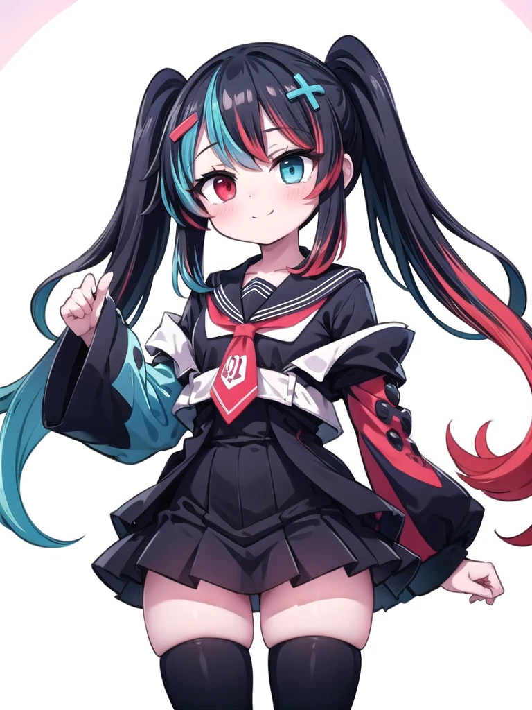 1girl, masterpiece, best quality, perfect hands, SwitchchanOutfit, switch-chan, smile, blush, red eyes, blue eyes, heterochromia, black thighhighs, short twintails, multicolored hair, black hair, cyan streaked hair, red streaked hair, black to cyan gradient hair, black to red gradient hair, zettai ryouiki, red neckwear, black sailor collar, sleeves past fingers, black pleated dress, thumbs up