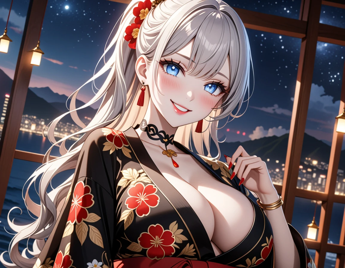 ultra-detailed, ((one girl)), (pale skin:1.5),  fair-skinned gyaru, ((Girl in black kimono)),  (heavy makeup), (professional lighting), hyper detailed, absurdres, 8k, Beautiful Face, (Laugh shyly), ((teasing smile:1.2)), ((happy smile:1.4)), ((Wink:1.4)), (Laugh with your mouth wide open), ((Tilt your face:1.6)), View your viewers, ((full-face blush:1.3)), Glossy Red Lips, ((huge breasts:1.6)),  ((She is undressed up to her shoulders, highlighting her cleavage.)), ((Her tattoo peeked through her kimono:1.1)), summer, night, Observatory with a view of the sea, ((Anime style background)),masterpiece, Highest quality, so beautiful,Latest, Complex details, ((red long nail:1.2)), (ring),(bracelet), (Floral Choker),AI-generated, Complex,High resolution, Highest quality, super high quality,3D Images、3D Images,One person, (Silver White hair),Long Hair, (White high ponytail), (wavy hair:1.3)), Anime woman posing for a photo, ((Eyes with detailed pupils、blue eyes、glowing eyes:1.3)), (Squint your eyes:1.1),a hyperRealistic , hyperRealistic , Realistic,Anime woman with long white hair, Smooth anime CG art, ((A girl in a gorgeous black kimono:1.2)), ((black furisode:1.3)),Gold embroidery, (Large floral pattern in red color),  (sideboob), (Long red flower hair ornament),(big floral earrings), Mature Body, tall,Narrow waist, ((dutch angle:1.2)), (model posing), (extreme close-up shot), 