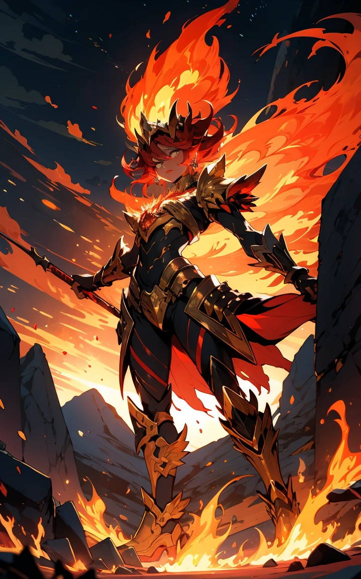 ((full body shot)) of a girl in regal, fire-themed armor with intricate gold and red details, standing in a blazing, volcanic landscape. She has long, flowing fiery red hair and intense, glowing amber eyes. Her skin has a warm, sun-kissed hue, and she is adorned with molten lava-like patterns. She holds a majestic sword engulfed in roaring flames, casting a bright, fiery light. The atmosphere is {intense|majestic}, with lava flows and embers illuminating the scene. The ground beneath her is cracked, molten earth, reflecting the intense light and adding to the fiery ambiance. Surrounding her are jagged rocks and bursts of flame in shades of {red|orange}, casting a fierce, incandescent glow. The background features towering volcanic peaks and a sky filled with ash and smoke, hinting at a powerful, fiery kingdom. The scene is dynamic and awe-inspiring, with her face showing a determined yet regal expression, her eyes focused intently on her blazing domain.

[Best quality], [Masterpiece], [Ultra-detailed], [4k], {intense|majestic} atmosphere, fiery kingdom, {dynamic pose|regal pose}, blazing illumination, {soft shadows|dramatic lighting}, {reflected light on molten earth:0.7}, {jagged rocks:0.6}, {bursts of flame:0.5}, {volcanic peaks:0.4}, {ash-filled sky:0.3}.