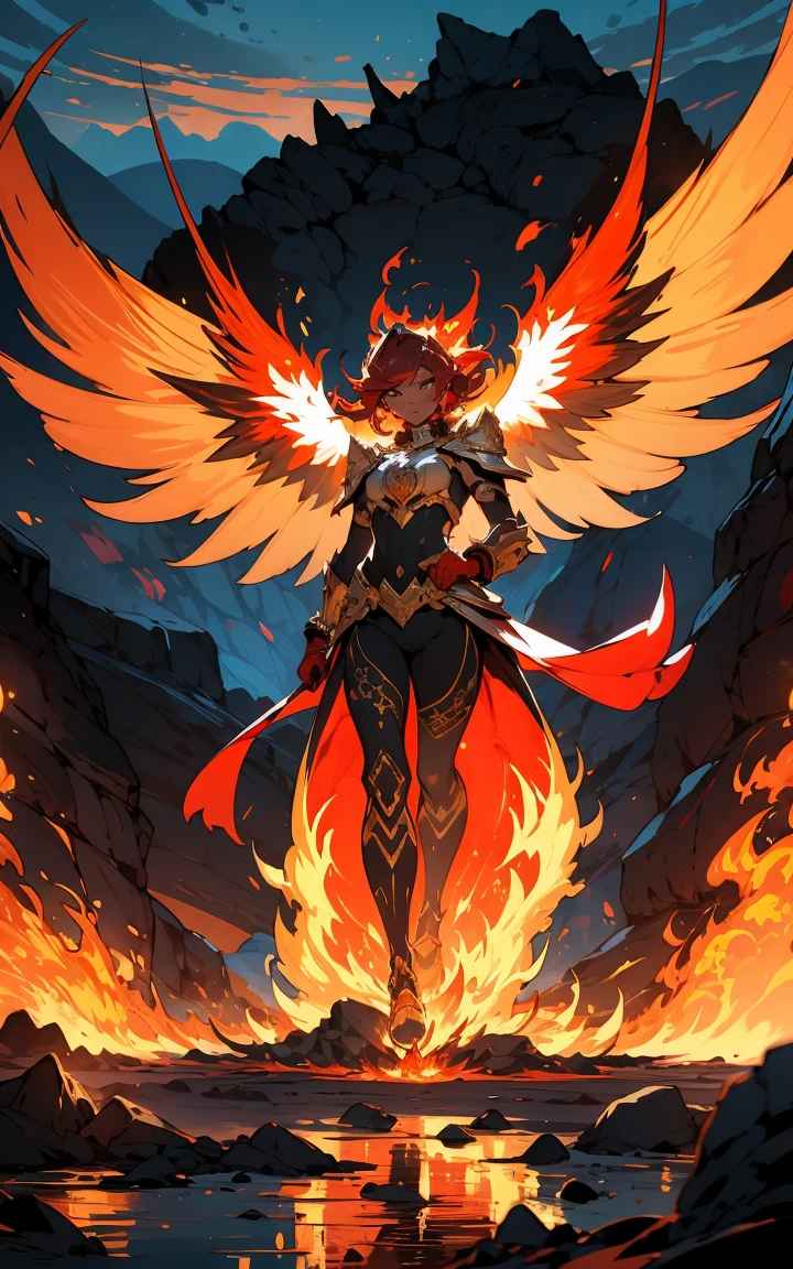 ((full body shot)) of a girl in regal, fire-themed armor with intricate gold and red details, standing in a blazing, volcanic landscape. She has long, flowing fiery red hair and intense, glowing amber eyes. Her skin has a warm, sun-kissed hue, and she is adorned with molten lava-like patterns. She holds a majestic sword engulfed in roaring flames, casting a bright, fiery light. The atmosphere is {intense|majestic}, with lava flows and embers illuminating the scene. The ground beneath her is cracked, molten earth, reflecting the intense light and adding to the fiery ambiance. Surrounding her are jagged rocks and bursts of flame in shades of {red|orange}, casting a fierce, incandescent glow. The background features towering volcanic peaks and a sky filled with ash and smoke, hinting at a powerful, fiery kingdom. The scene is dynamic and awe-inspiring, with her face showing a determined yet regal expression, her eyes focused intently on her blazing domain.

[Best quality], [Masterpiece], [Ultra-detailed], [4k], {intense|majestic} atmosphere, fiery kingdom, {dynamic pose|regal pose}, blazing illumination, {soft shadows|dramatic lighting}, {reflected light on molten earth:0.7}, {jagged rocks:0.6}, {bursts of flame:0.5}, {volcanic peaks:0.4}, {ash-filled sky:0.3}.