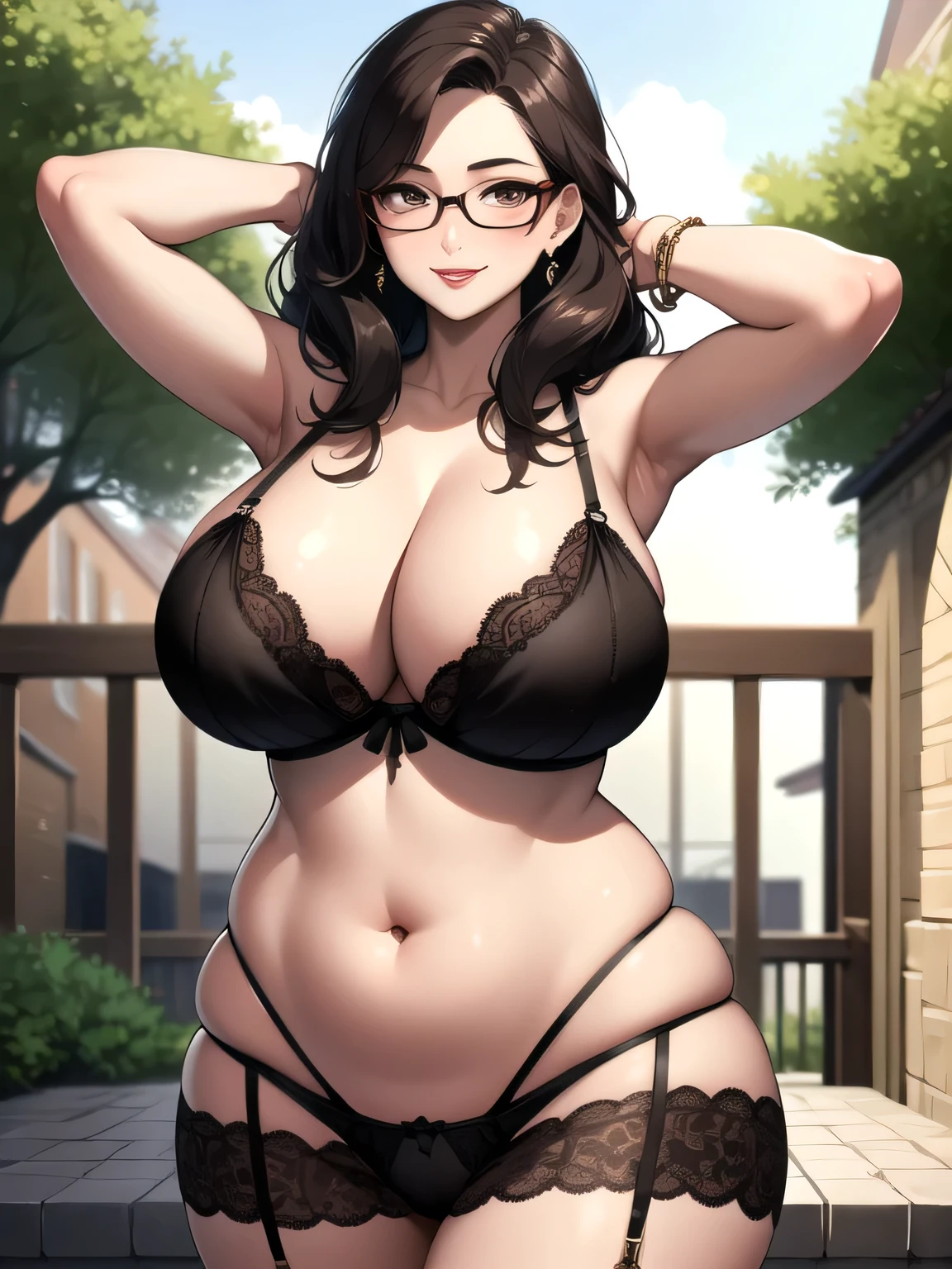 ((best quality)), ((masterpiece)), (detailed), perfect face, milf, wavy hair, brown eyes, glasses, rosy red lips, plump, sixpack belly, voluptuous body, very big breasts, leopard lingerie with stocking, Wearing luxurious jewelry, hands behind head, sensual smile, background home yard