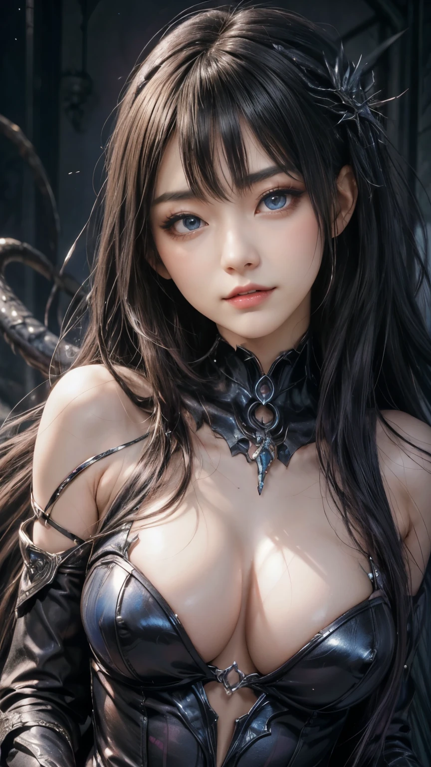 強力なスーパーevil女がクローズアップでポーズをとる, Black Goddess (Expose your shoulders), length, Flowing purple hair, View your viewers, Highly detailed face, Perfect hands, Blue smoke swirling around her, evil事を愛する, Captivating blue eyes, Dark fantasy, Genuine, Symmetric, Attention to detail, Esoteric arachnids lady, Spider Queen Elise, League of Legends, Esoteric arachnids, Combat Stance, ( body formed from metallic mauveine and metallic black liquid metallic paint twisting into a beautiful interpretation of the female figure), length, Sharp Fangs, nature, ((Complex metallic colors in the foreground)), (( Fluid Mechanics, The most beautiful smooth scale face makeup, Smirking expression)) - Dark blood, Onyxia、 painting of a beautiful young witch, length purple hair, dark purple lips, evil, evil female, smile, Black Prom Dress, She is coming to you, close, Bright Blue Eyes, Surrounded by swirling pink smoke, Genuine, Attention to detail, Highest quality、A beastly demon wields a vicious blade, Blood Chain, Behemoth Bones, Snake-like tentacles, Cruel Teeth, Expressions of madness, Oppressive Dungeon. 8K Vision Reveals Fear, Ultra HD detail makes monsters stand out, Grotesque shadows dance, The creature whispers, Stifling atmosphere, Vision problems, Visible Madness. blade, evil意の閃光が輝く, reflect (Light) Beyond the Darkness, Elucidate (Sharp details) and、Add a dizzying dimension to the impending chaos.