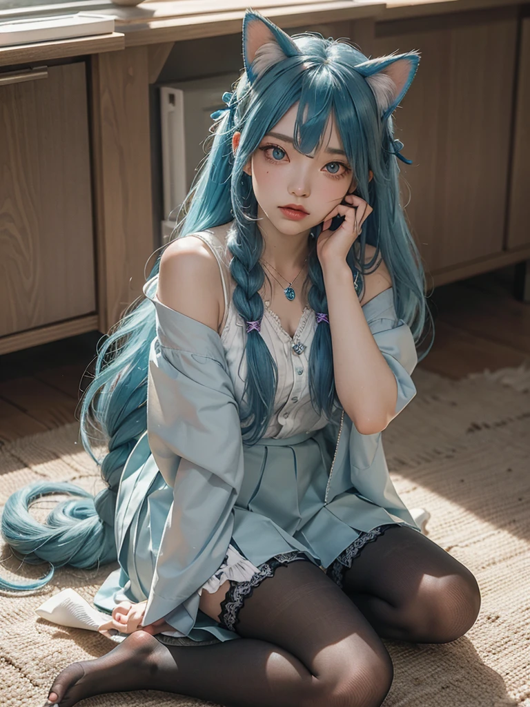 Goddess, Hatsune Miku, Gradient Eyes, Watery Big Eyes, Colored Eyelashes, Beautiful Eyes, Lipstick, Cat Mouth, Rabbit Ears, Angry, Hair Over the Shoulder, Blue Hair, Asymmetric Bangs, Double Braids, Lolita Hair Accessories, Hairpins, Stud Earrings, Colars, Rings, Pendants, Brooches, Corsages, Ribbons, JK Uniforms, Fishnet Socks, Butterfly Wings, Legs Entwined, Ten Fingers Interlocked, Staddling, Library, Bust, Delicate Facial Features, Perfect Face, , Multiple Girls, Student, Short Eyebrows, Watery Big Eyes, Chestnut Mouth, Lipstick, Animal ears, annoyances, long hair, blue hair, crossed bangs, messy hair, Lolita hair accessories, bracelets, sapphire brooches, necklaces, nail polish, JK uniforms, pleated skirts, lace, bare feet, one-legged pantyhose, sitting sideways, learning to bark, tied to a cross, hands on someone else's waist, dusk, hills, desert, wasteland, atmospheric light, Tyndall effect, natural light  