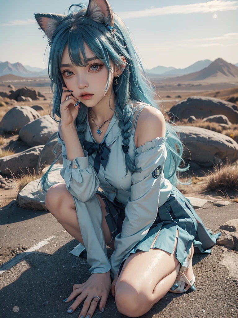 Goddess, Hatsune Miku, Gradient Eyes, Watery Big Eyes, Colored Eyelashes, Beautiful Eyes, Lipstick, Cat Mouth, Rabbit Ears, Angry, Hair Over the Shoulder, Blue Hair, Asymmetric Bangs, Double Braids, Lolita Hair Accessories, Hairpins, Stud Earrings, Colars, Rings, Pendants, Brooches, Corsages, Ribbons, JK Uniforms, Fishnet Socks, Butterfly Wings, Legs Entwined, Ten Fingers Interlocked, Staddling, Library, Bust, Delicate Facial Features, Perfect Face, , Multiple Girls, Student, Short Eyebrows, Watery Big Eyes, Chestnut Mouth, Lipstick, Animal ears, annoyances, long hair, blue hair, crossed bangs, messy hair, Lolita hair accessories, bracelets, sapphire brooches, necklaces, nail polish, JK uniforms, pleated skirts, lace, bare feet, one-legged pantyhose, sitting sideways, learning to bark, tied to a cross, hands on someone else's waist, dusk, hills, desert, wasteland, atmospheric light, Tyndall effect, natural light