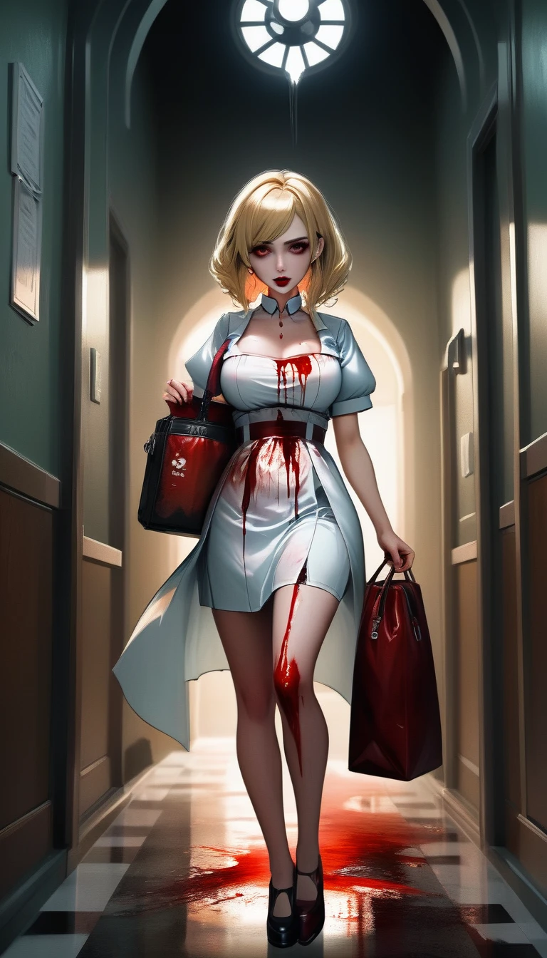 a picture of vampire nurse in a dark hospital, goth hospital, exquisite beautiful nurse, ((full body shot: 1.5)), ((anatomically correct: 1.5)), (ultra detailed face: 1.2), pale skin, dynamic hair style, dynamic hair color, wearing white silk nurse, small cleavage, robes, white skirt,(holding blood transfusion bag: 1.3), BloodSoakedAI, goth hospital background, dark fantasy art, goth art, Hyperrealism style, vibrant, Ultra-high resolution, High Contrast, (masterpiece:1.5), highest quality, Best aesthetics), best details, best quality, highres, ultra wide angle, 16k, [ultra detailed], masterpiece, best quality, (extremely detailed) RAW, BloodSoakedAI, vampire teeth