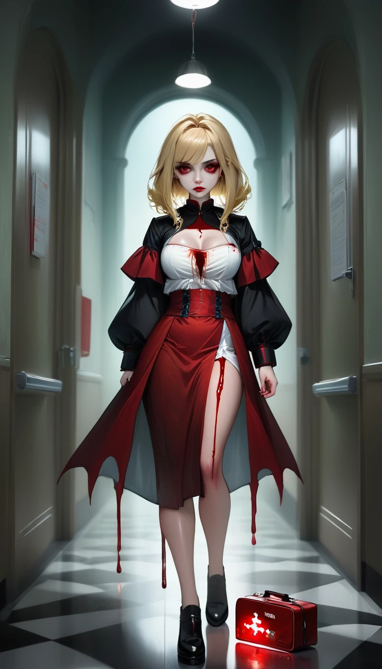 a picture of vampire nurse in a dark hospital, goth hospital, exquisite beautiful nurse, ((full body shot: 1.5)), ((anatomically correct: 1.5)), (ultra detailed face: 1.2), pale skin, dynamic hair style, dynamic hair color, wearing white silk nurse, small cleavage, robes, white skirt,(holding blood transfusion bag: 1.3), BloodSoakedAI, goth hospital background, dark fantasy art, goth art, Hyperrealism style, vibrant, Ultra-high resolution, High Contrast, (masterpiece:1.5), highest quality, Best aesthetics), best details, best quality, highres, ultra wide angle, 16k, [ultra detailed], masterpiece, best quality, (extremely detailed) RAW, BloodSoakedAI, vampire teeth