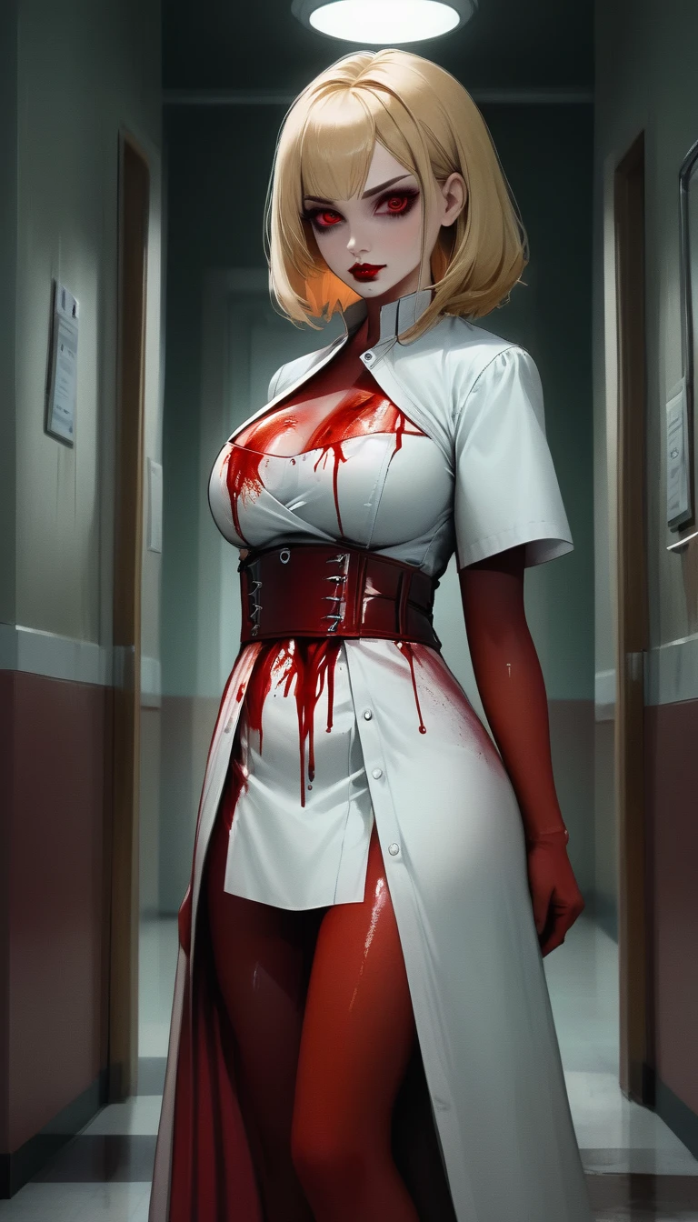 a picture of vampire nurse in a dark hospital, goth hospital, exquisite beautiful nurse, ((full body shot: 1.5)), ((anatomically correct: 1.5)), (ultra detailed face: 1.2), pale skin, dynamic hair style, dynamic hair color, wearing white silk nurse, small cleavage, robes, white skirt,(holding blood transfusion bag: 1.3), BloodSoakedAI, goth hospital background, dark fantasy art, goth art, Hyperrealism style, vibrant, Ultra-high resolution, High Contrast, (masterpiece:1.5), highest quality, Best aesthetics), best details, best quality, highres, ultra wide angle, 16k, [ultra detailed], masterpiece, best quality, (extremely detailed) RAW, BloodSoakedAI, vampire teeth
