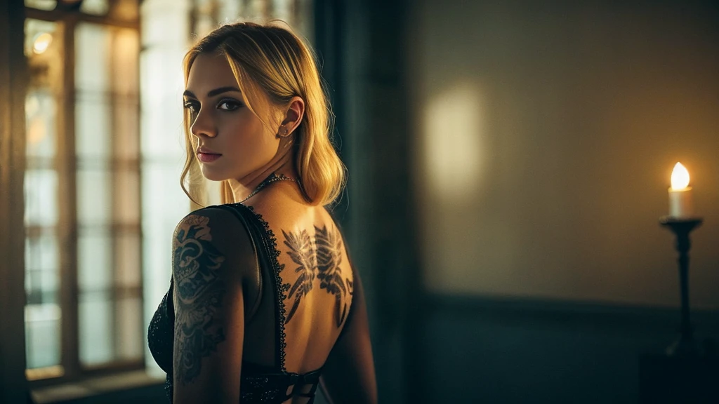 tatuados,Beautiful blonde with big breasts in a black dress、(Back tattoo、Many tattoos on both arms and neck)、 (Midnight Prison、walk),Candlelight only,Very detailed, 21 years old, Innocent face, Wavy Hair, blue eyes, High resolution, masterpiece, Highest quality, Intricate details, Very detailed, Clear focus, Delicate skin, practical skin texture, texture, Delicate eyes, Professional, 4K, Sad face,despair、 Shot with Canon, 85mm, Shallow and deep, Kodak Vision Color, Exactly, Very detailed, photograph_\(Extremist\), photographpractical, practical, Post-processing, Maximum details, Roughness, Real Life, Extremist practical, Photorealism, photographgraphy, 8K Ultra HD, photographgraphy
