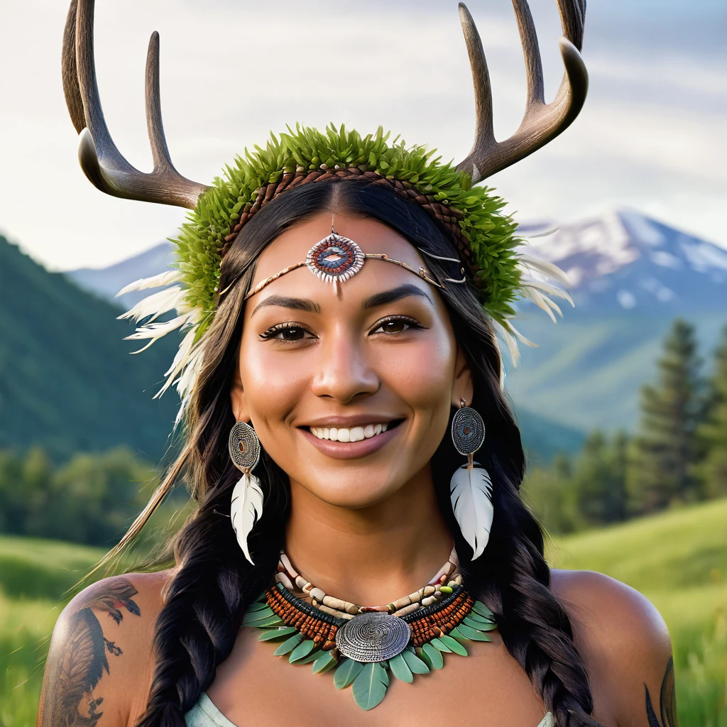 Realistic image of a beautiful Native American woman, standing next to green grass, trees, mountains, flowers smiling, half closed eyes alone, with long hair, looking at the viewer, black hair, brown eyes, jewelry, braid, earrings, dark skin, necklace, mole, dark-skinned woman, lips, tattoo, feathers, headdress, facial tattoo, Native America, sitting on the green grass in the forest tree and her deer