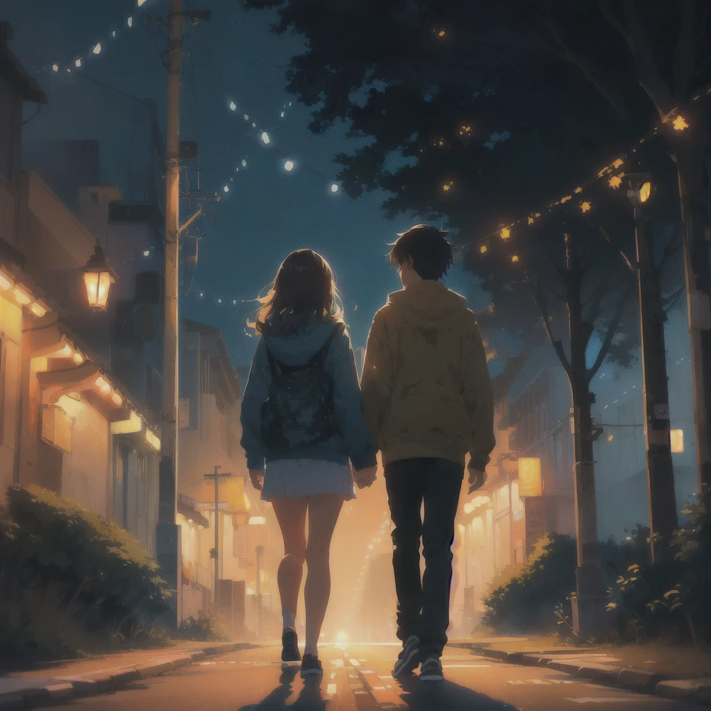 two people walking down a street at night with the lights on, background illustrations, makoto shinkai cyril rolando, Walking together, Cyril Rolando and Goro Fujita, inspired by Cyril Rolando, In the style of Cyril Rolando, Lofi Style, Lofi Stylestyle, in the style of atey ghailan, by Cyril Rolando, by Alena Aenami