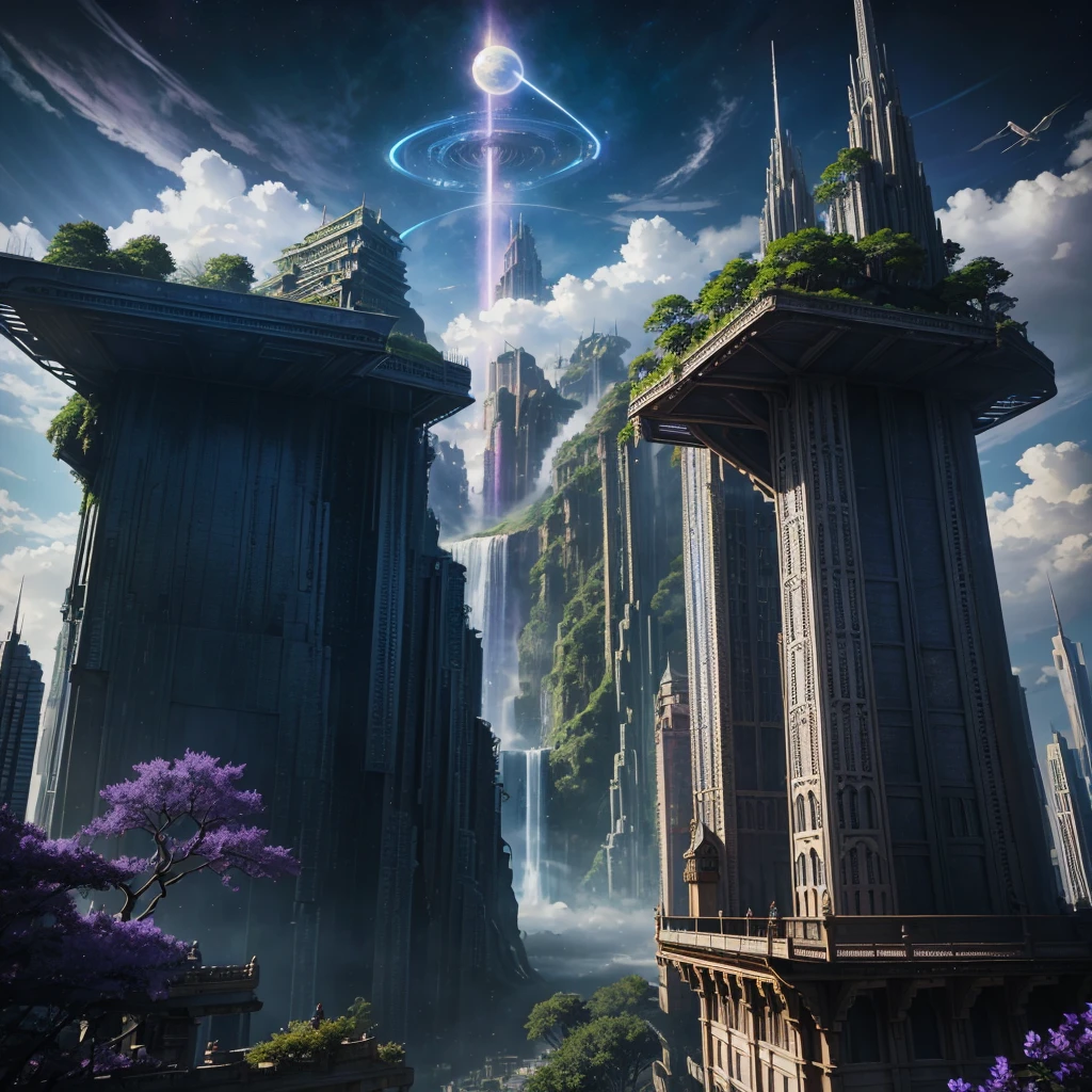 A huge fantastical sci-fi city, aether city, floating aerial metropolis,Skyscrapers、Anime Art,Daytime,Huge construction,Super huge waterfall,Super huge temple,Super huge torii,mysterious,Fantasy, towering skyscrapers, massive waterfall, celestial planets in the sky, surrounded by clouds, cosmic architecture, violet energy scars around, central massive castle, astral sky
