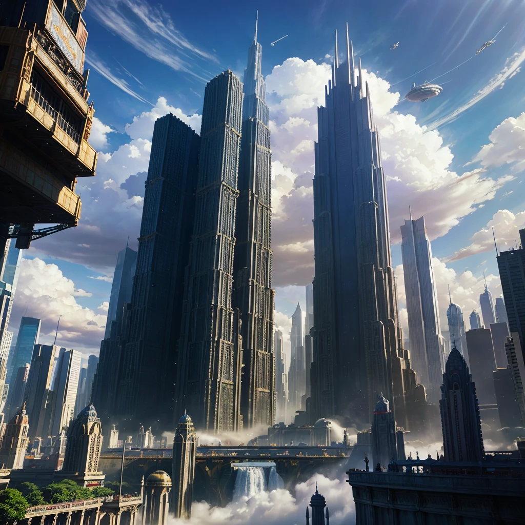 A huge fantastical sci-fi city, aether city, floating aerial metropolis,Skyscrapers、Anime Art,Daytime,Huge construction,Super huge waterfall,Super huge temple,Super huge torii,mysterious,Fantasy, towering skyscrapers, massive waterfall, celestial planets in the sky, surrounded by clouds, cosmic architecture, violet energy scars around, central massive castle, astral sky