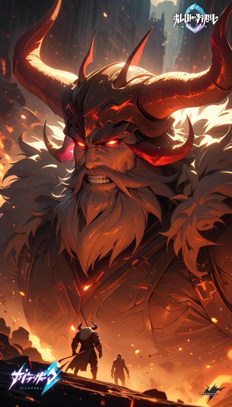((best quality)) , ((masterpiece)) , (detailed),horns, giant, glowing, glowing eyes, beard, male focus, logo, 1boy, copyright name, helmet, holding, facial hair, fur trim, teeth, muscular