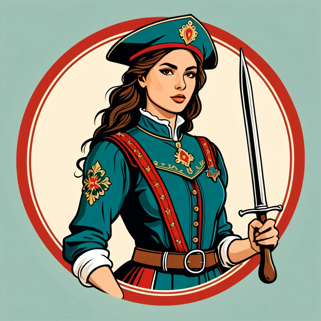 female warden in italian folk outfit ,vector graphics, strong contours, logo design
