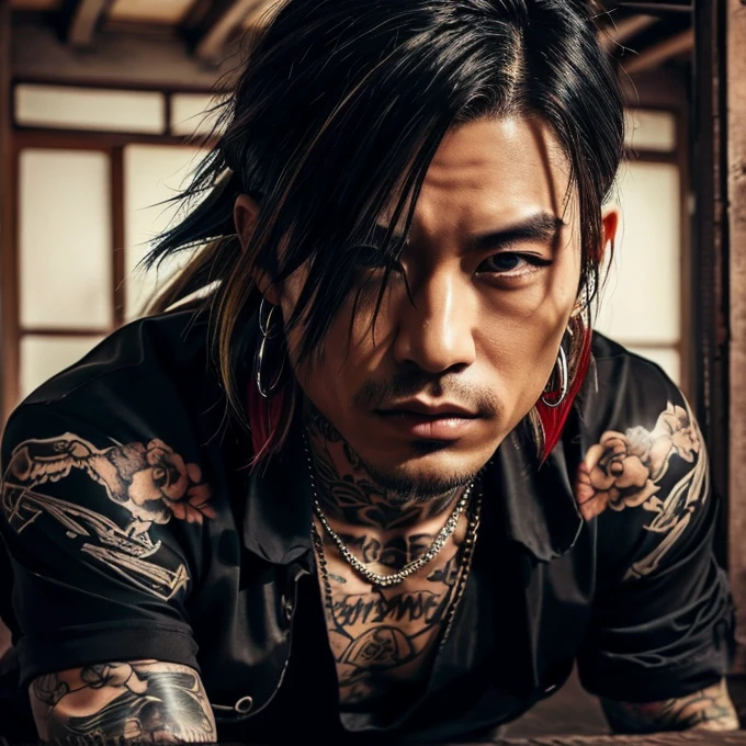 1 man, Japanese man, male, Asian eyes, muscular, broad shoulders, yakuza tattoos, hairstyle Visual Kei style, hair Visual Kei, black men's shirt and black pants, ultra detailed face, hyperrealistic, realistic representation, long hair, long hair, 30 years old, age 30 years, blond, blonde hair