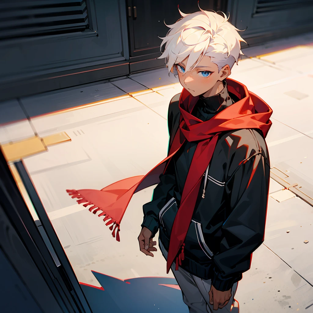 1male, Modern Undercut Hair ,Young Male, Curly White Hair , Pale Blue Eyes , Dark Skin ,Black Fitted Turtleneck Longsleeve , White Hoodie, Red Scarf , Calm Expression , Standing on Path