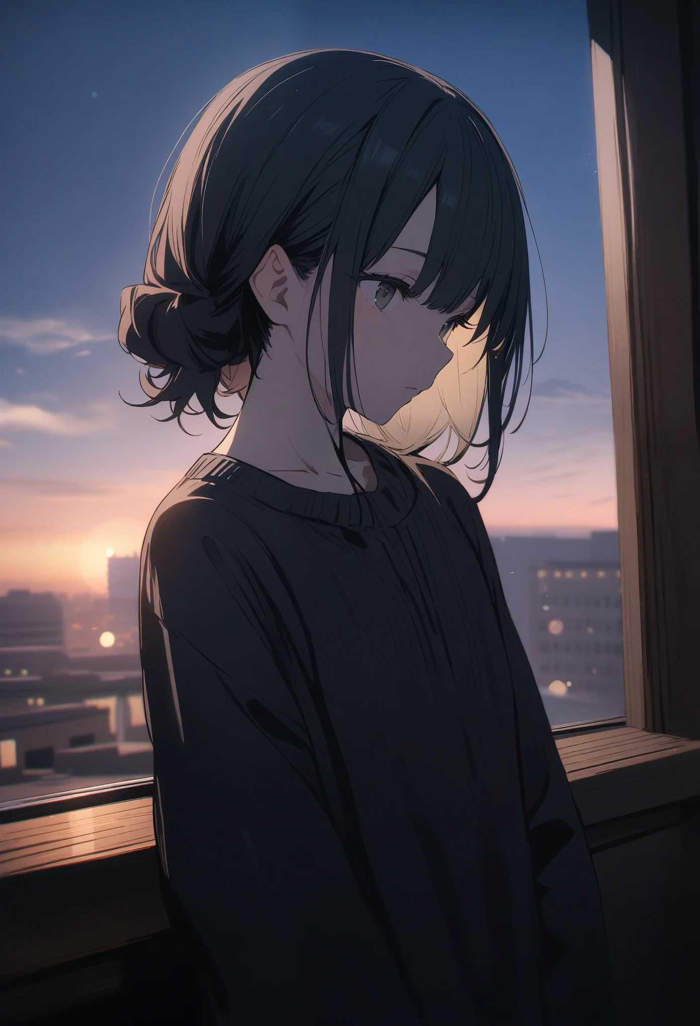 One 14-year-old girl, ((Light black clothing))、(Inner color hairstyle), Beautiful Hair, Facial Contour, Remember, Hotel, moonlight、splash, Lens flare,, Natural Color, High resolution, Very delicate, Very detailed, 8k,（There is swelling of the breasts、About B cup）、Shyness,((Sexual))