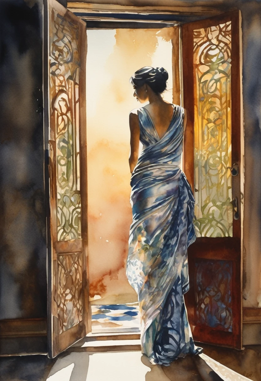 A captivating watercolor painting depicting a playful sultry woman draped in silky fabric, partially revealing her enchanting figure. She stands in front of an open door, with the fabric's intricate patterns and folds adding depth to her unique appearance. The dimly lit room casts shadows and highlights, while a silver light from an unseen source further accentuates her silhouette. The painting exudes a sense of intimacy and intrigue, inviting viewers to explore the story behind this enigmatic figure.