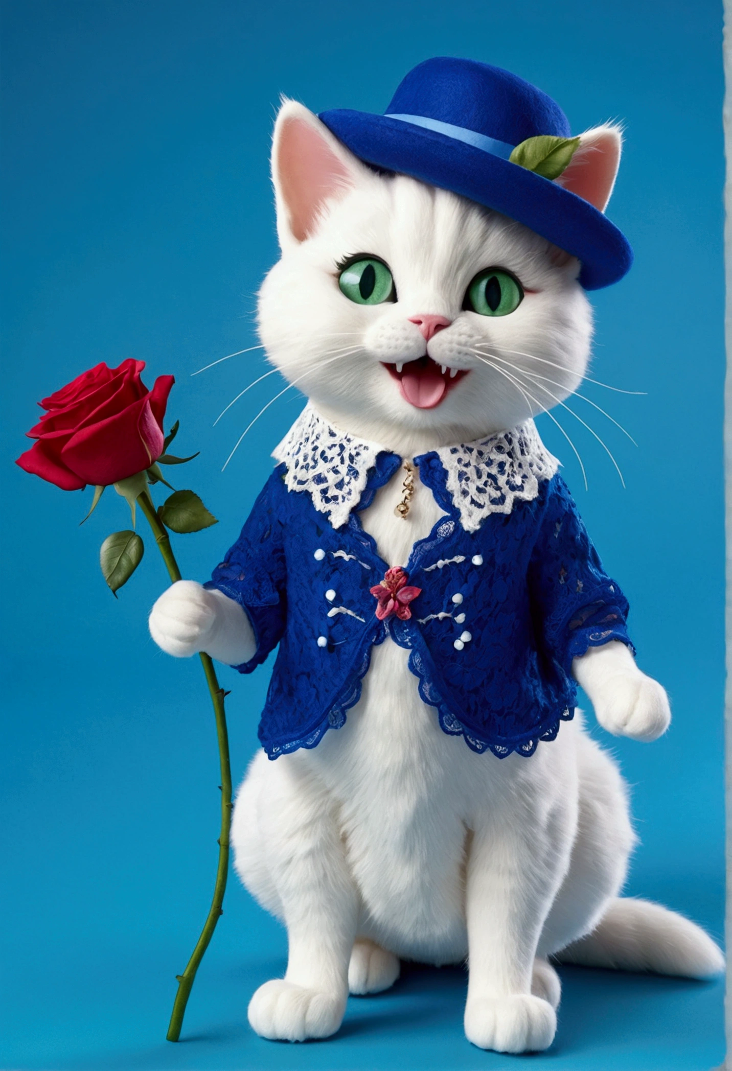 on a pure green background ,cat, White wool, like an ermine, Stands on its hind legs, hands us a rose, in a blue lace dress, blue hat,with white collar, blue shoes on paws, blue fashionable backpack, blue doll eyes with large eyelashes, smiles with his mouth open, spreading his paws to the sides, 3D стиль, 8k , 4K, HD, on the dress there is a small inscription of the author&#39;s mark - SL