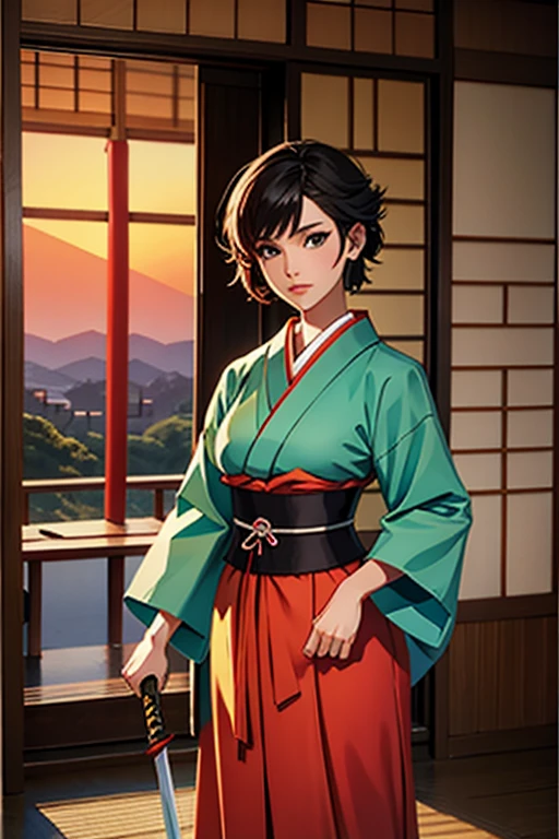 beautiful short-haired swordsman woman, Japanese style clothing, Japanese traditional clothing style, sunset