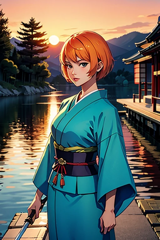 beautiful short-haired swordsman woman, Japanese style clothing, Japanese traditional clothing style, sunset