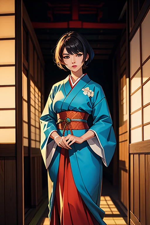 beautiful short-haired swordsman woman, Japanese style clothing, Japanese traditional clothing style, sunset