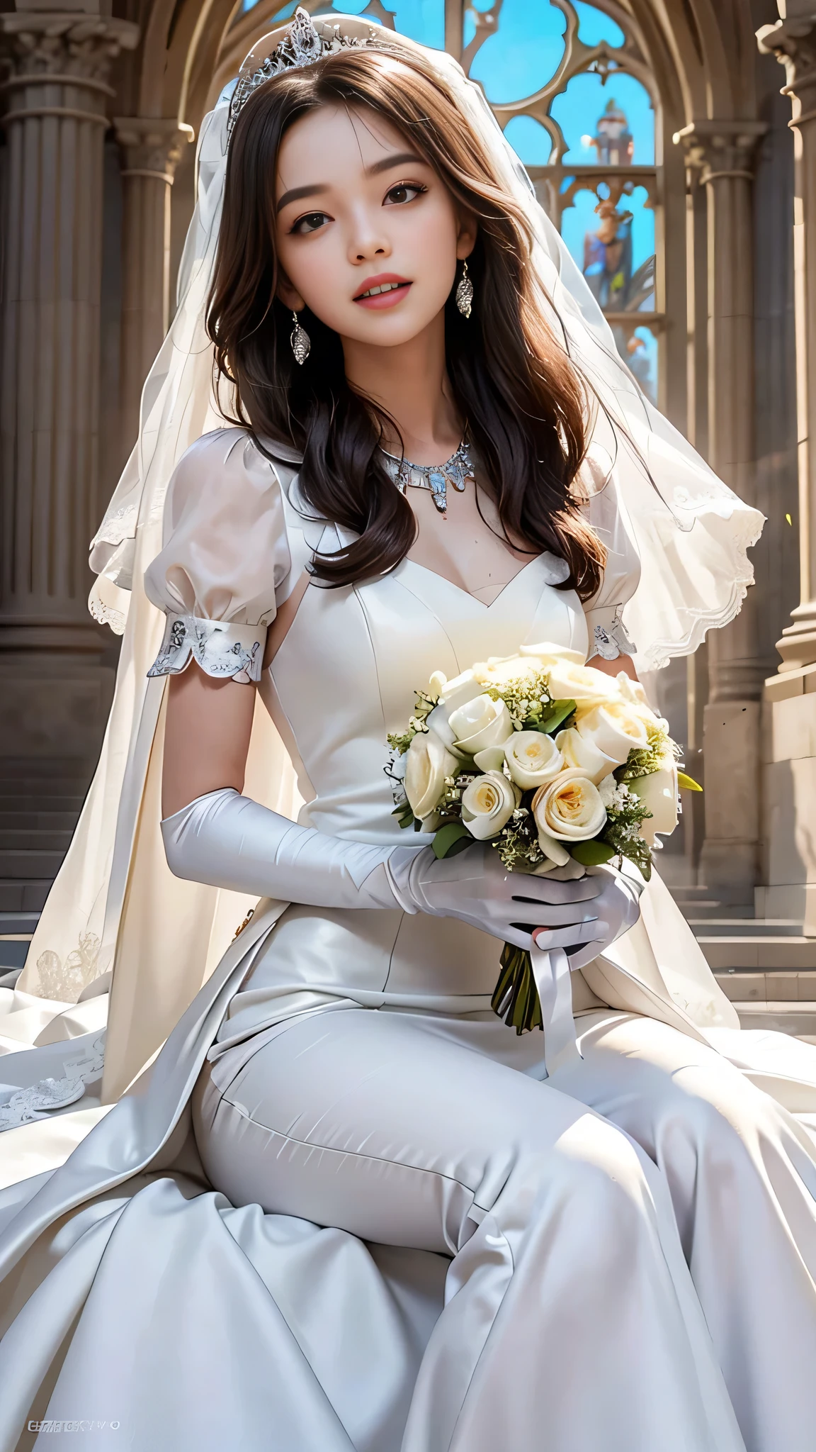 best quality, masterpiece, please let her sit down, 1 girl, huge laugh, cute teen, shiny lips, sweet, sun glare, Conservative attire, bell-line wedding dress, white gloves, bouquet, bridal tiara, depth of field, blurred background, Cathedral Background, light particles, strong wind, head tilt, long hair, 